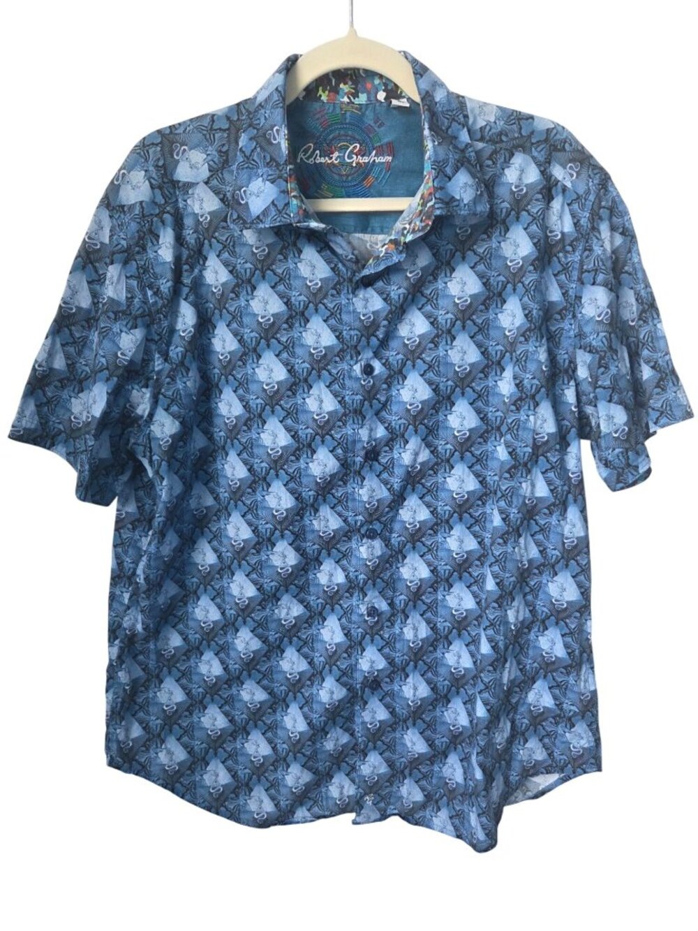 Robert Graham Blue Short Sleeve Button-Up Shirt Large Classic Fit Geometric Patt